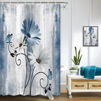Rustic Farmhouse Shower Curtain, Farm Blue Daisy Floral Flowers and Butterfly on Country Wooden Shower Curtain for Bathroom, Turquoise Blue Bathroom Shower Curtains with 6PCS Hooks, 36X70IN