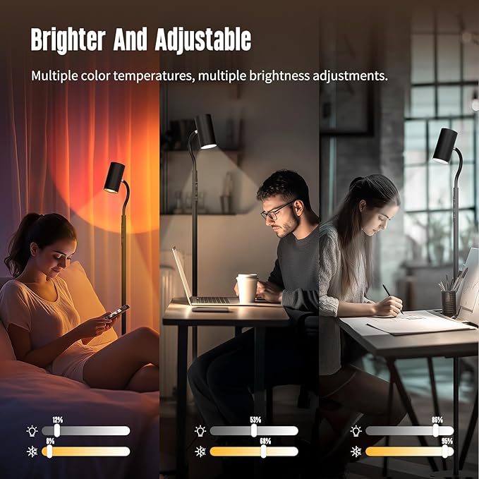 GLOWRIUM LED Floor Reading Lamp, Dual-Side Reading Light with Remote, No Blue Light, No Glare, 5 Color Temperatures, Stepless Dimming, 360° Rotating Gooseneck Lamp, No Flicker, Uniform Illumination