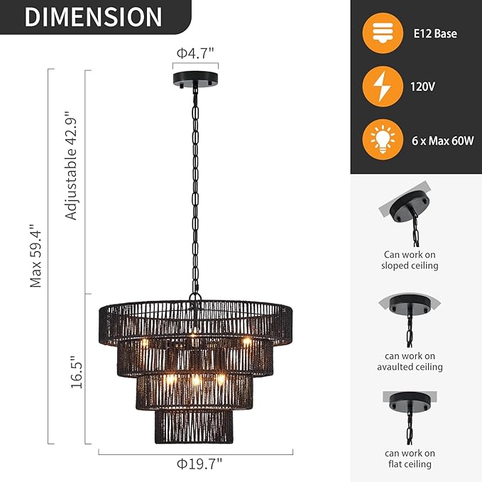 Black Rattan Chandelier Vintage Farmhouse 6-Lights Boho Hand-Woven Bamboo Black Chandeliers Light Fixture Retro Drum Wicker Chandelier for Dining Room, Kitchen, Living Room, E12