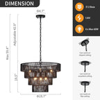 Black Rattan Chandelier Vintage Farmhouse 6-Lights Boho Hand-Woven Bamboo Black Chandeliers Light Fixture Retro Drum Wicker Chandelier for Dining Room, Kitchen, Living Room, E12