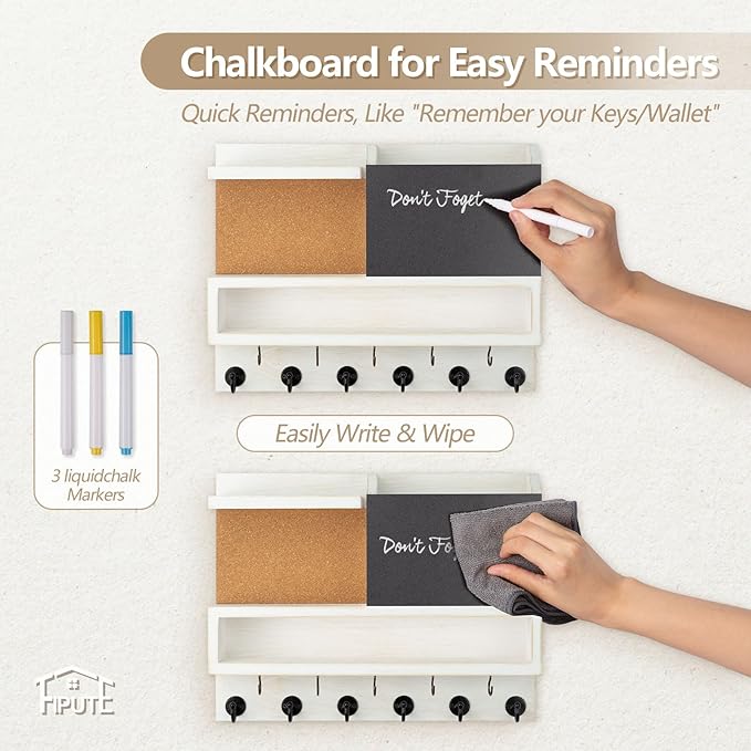 Key Holder for Wall Mount with Mail Organizer, Farmhouse Key Holder for Wall with Shelf, Chalkboard&Corkboard, Entryway Organizer 11 Metal Hooks, Decorative Natural Pine Wood, 14.6*11.1*3.3”, A-White