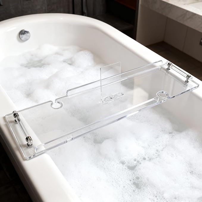 Premium Non-Slip Acrylic Bathtub Tray | Universal Spa Caddy for Tablets, Books & Wine | Fits Most Standard Tubs, Bath Essentials Holder 34”