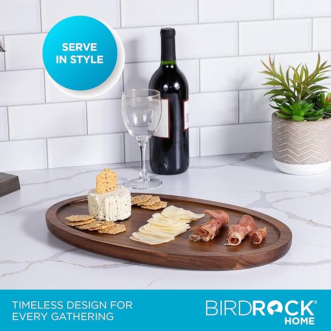 BIRDROCK HOME Acacia Wooden Cheese Serving Board with Handle - Charcuterie, Appetizers, Kitchen Platter, Grazing Board, Pizza, Meat, Bread, Cutting, Party, Food Display Tray - Espresso, 16.5", Oval
