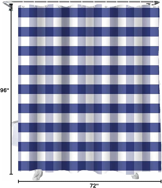 Rustic Navy Blue White Buffalo Check Plaid Pattern Shower Curtain, Farmhouse Shower Curtains Set with Hooks, Waterproof Fabric Bathroom Curtains Decor Home Accessories,72X 96 Inch Extra Long