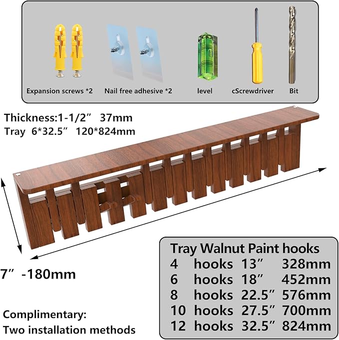 Wall Mounted Piano Key Hanger | Flip Style Hook | Entrance Wall Art Hook, Made of Oak Wood (3 Times Painted, 4 Times Polished) (Tray Walnut, 8Hooks)