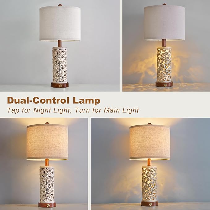 22" Dual Light Table Lamps Set of 2 for Living Room, Touch Lamp with 3-Level Dimming, USB A+C Table Lamp for Bedroom, Farmhouse Lamps for Night Stands(Brown, Bulb Included)
