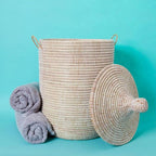 Wicker Basket, Storage & Organization, Home Decor, Laundry Hamper Bedroom, Baby Nursery Toys Bin, Blankets Storage Living Room, Bathroom Towels Holder, Woven, Round, Lid, Handles, White, Medium