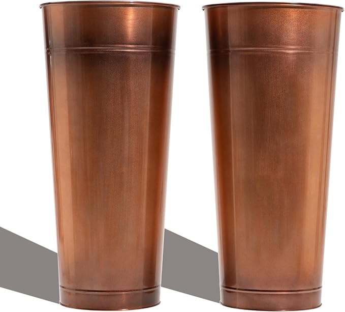 28in Tall Copper Planters Set of 2,Galvanized Steel Tall Outdoor Planter for porches/Indoor/terraces Patio- Copper Color(2planters,2inner pots with Holes, 2trays)