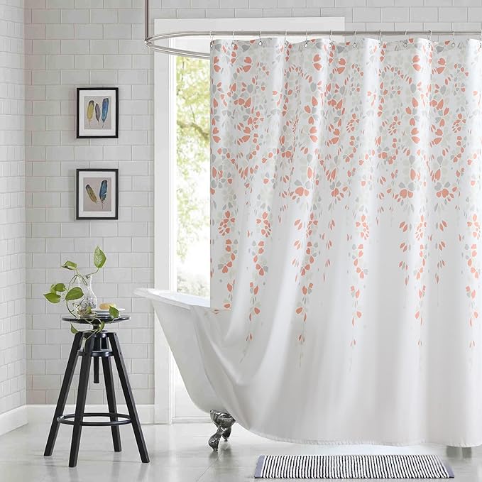 Extra Long Fabric Shower Curtain, Orange and Gray Weeping Flower Shower Curtains for Bathroom, Modern White Bathroom Curtains, 72" W x 84" H