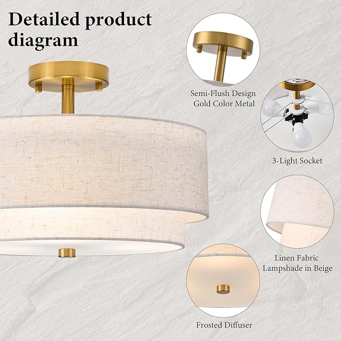 3-Light Semi Flush Mount Ceiling Light,16" Close to Ceiling Light Fixtures with Farmhouse Fabric Linen Shade, Double Drum Gold Flush Mount Ceiling Light for Bedroom Living Room Kitchen Dining Room