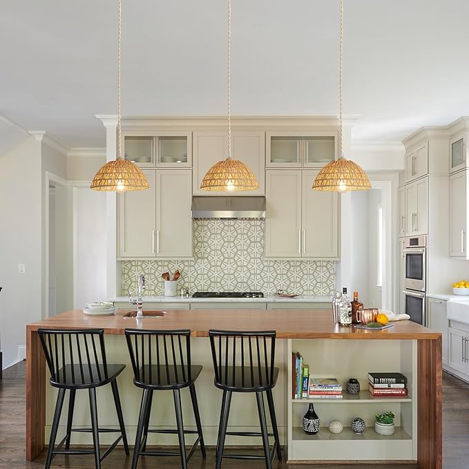Plug in Farmhouse Wicker Pendant Light, 1-Light Boho Rattan Chandelier Light Fixture, Ceiling Hanging with Woven Lampshade, for Kitchen Bedroom Island Hallway, ETL Listed