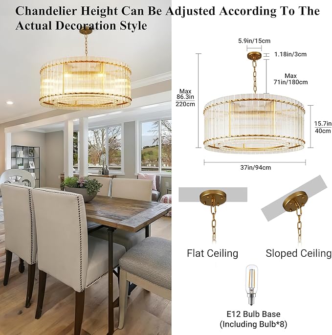 37" Modern Gold Round Chandelier,2-Tier 8-Light Water Ripple Crystal Glass Chandeliers,for Dining Room,Living Room,Bedroom,High Ceiling,Foyer Entryway,Luxury Chandelier
