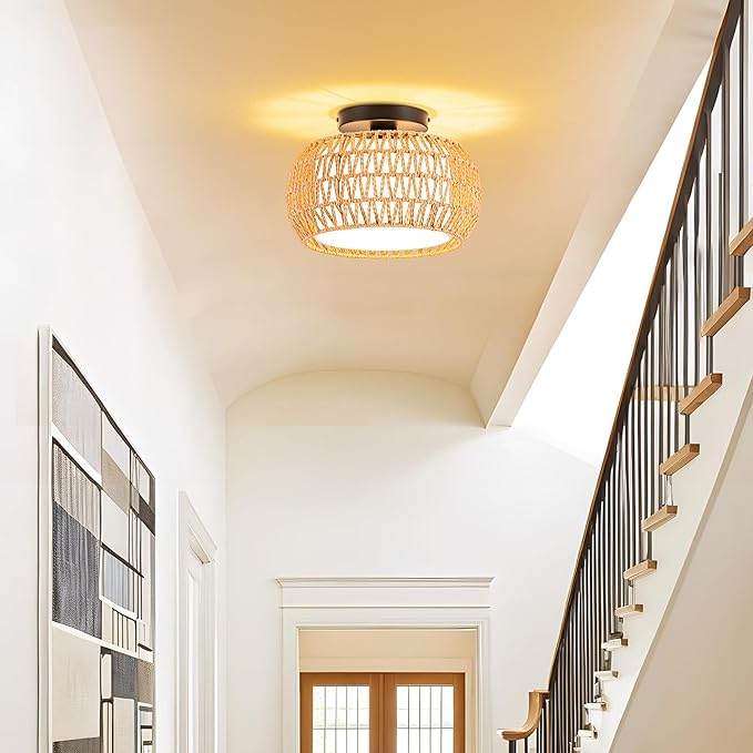 MAYNA 1-Light Boho Flush Mount Ceiling Light, Rattan Chandelier Light Fixture with LED Bulb, Hand-Woven Farmhouse Ceiling Light, Mini Wicker Light Fixture for Bedroom Hallway Entryway