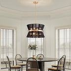 Shrine Lighting Black Boho Chandelier, Modern Design, Boho Drum Pendnat Light for Dining Room, D18'' x H12'', Adjustable 47'', E12*8 Sockets, Black Rope Lampshade&French Gold Finish Frame