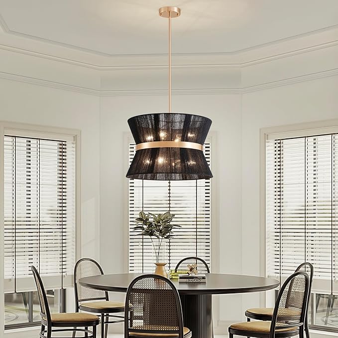 Shrine Lighting Black Boho Chandelier, Modern Design, Boho Drum Pendnat Light for Dining Room, D18'' x H12'', Adjustable 47'', E12*8 Sockets, Black Rope Lampshade&French Gold Finish Frame