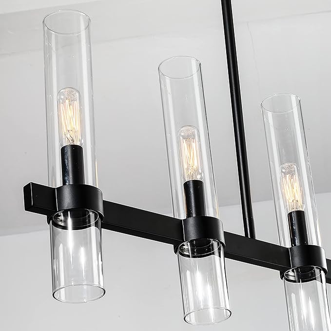 Untrammelife Modern Linear Island Light,6-Light Black Large Chandelier 36" W Rectangle Pendant Light with Clear Glass Shade,45 in Adjustable Rod Farmhouse Hanging Light Dining Room Kitchen Island