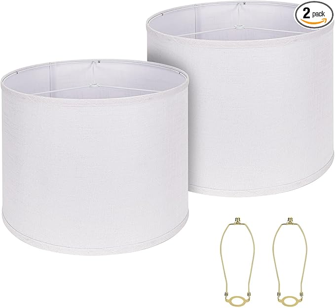 Drum Lamp Shades Set of 2, White Large Lampshades 15" Top X 15" Bottom X 12" Height, ALUCSET Large Lampshades Spider Fitter, Natural Linen Lamp Shade, Easy Assembly Required with 2 Lampshade Holders