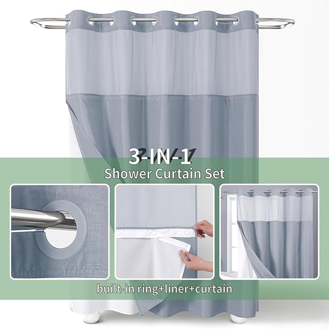 Extra Long No Hook Shower Curtain with Snap-in Fabric Liner Set,Slub Textured Fabric Shower Curtains for Bathroom,Hotel Style Modern Shower Curtain,Water Repellent & Washable,71x86(84),Blue
