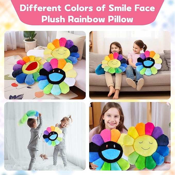 Smile Face Plush Rainbow Pillow, Sunflower Indie Decor Plush Pillow Soft & Comfortable Flower Floor Pillow for Home Reading Bed Room Decoration (White, 40CM)
