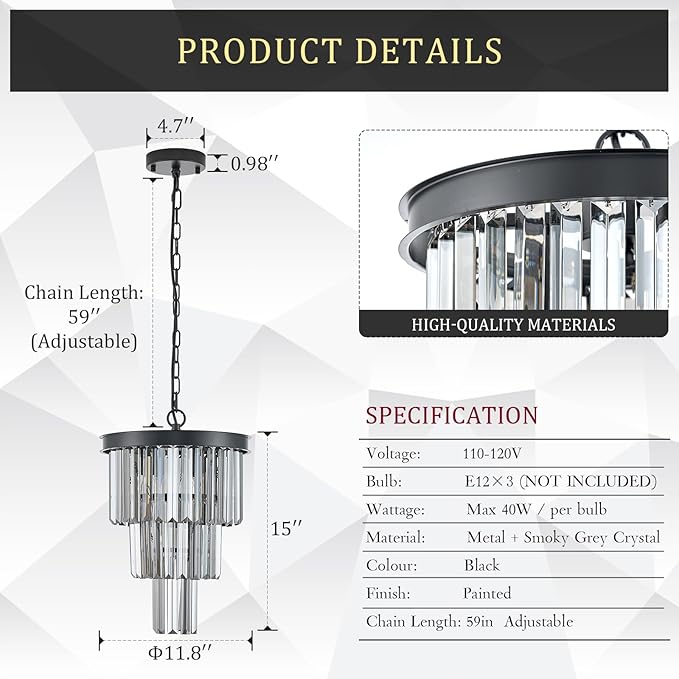 Black 3 Tiers Crystal Pendant Light, 3 Pack Mini Smoke Gray K9 Crystal Chandelier Modern Pendant Light Fixture for Kitchen Island Dining Room Hallway Bedroom Closet