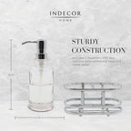 3 Piece Round Heavy Weight Glass Soap Lotion Pump Dispenser Set with Metal Caddy for Home Bath Kitchen Travel Office Hand Crafted Metal Tray Chrome