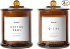 Qtip Holder & Cotton Pad Dispenser, Bathroom Organizer and Storage Canisters, 16oz Glass Apothecary Jars for Kitchen, Restroom - Home Decor Accessories, Room Decor Aesthetic (2 Pack, Amber)