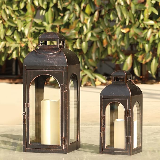 NEEDOMO Lanterns Decorative Indoor,Set of 2 Outdoor Lanterns for Porch, 20" Metal Frame Candle Holders Hanging Lights,with Glass, Spring, Fall, Christmas