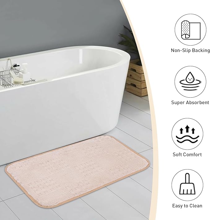 Bath Mats 24x17 Non-Slip Absorbent Bathroom Rug, Quick Dry Machine Washable Shower Tub Mat with Rubber Backing, Soft Floor Carpet for Bathroom Decor Waffle White