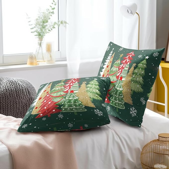 Christmas Trees Throw Pillow Covers 20x20 Inch Set of 2, Xmas Tree Red Green Decorative Pillowcases Soft Square Cushion Case Decoration for Sofa Couch Winter Holiday Decor