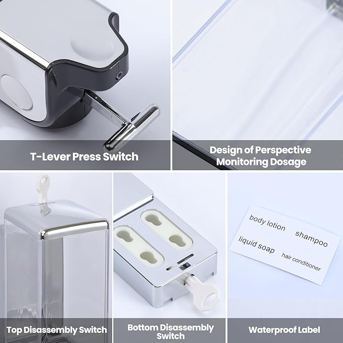 2-in-1 Quadrate Dispensers for The Shower,Shower soap Dispenser,Conditioner Dispenser, Shampoo Dispenser,No Drilled Wall Mounted Distributor,Hotel,Bathroom,Home (Double, Colorless)