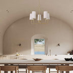 Chandelier, Brushed Brass with White Fabric Shade, Farmhouse Linear Island Lighting Fixture for Kitchen, Dining Room (5-Light Brass Gold with Fabric Shades)