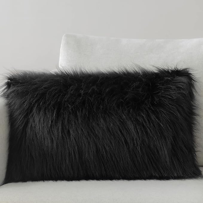 Phantoscope Faux Fur Solid Decorative Pillow Cover Fluffy Throw Pillow Mongolian Luxury Fuzzy Pillow Case Cushion Cover for Bedroom and Couch,Black 12 x 20 Inches