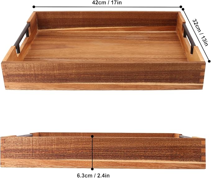 2 PCS Acacia Wood Serving Tray with Black Handles - 13 x 17 inches Premium Wooden Tray for Ottoman and Coffee Table Tray, Home Decor, Kitchen