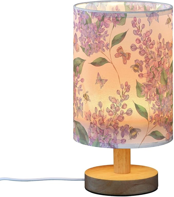 Table Lamp Purple Lilac Flower Bee Butterfly Nature Floral Nightstand Lamp with Wood Base Fabric Lamp Shade Bedside Desk Lamp for Living Room Bedroom Kids Room Office