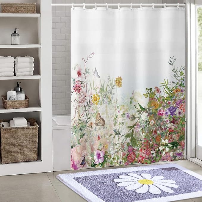 Shower Curtain, Fabric Colored Flowers Waterproof Shower Curtain - 72" W x 72" L with 12 Hooks