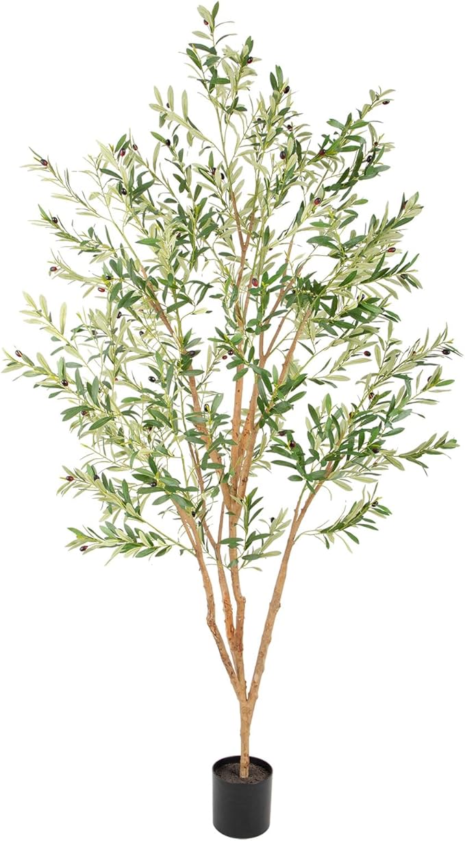 Bellacat 8ft Super Fuller Faux Olive Tree with Multiple Real Wood Trunks, 96in Olive Trees Artificial Indoor with Realistic Fruits & Leaves, Fake Olive Tree for Indoor & Outdoor Home Office Décor