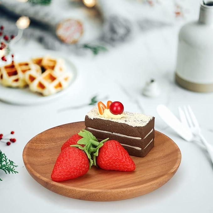 2 Pcs Small Wooden Dessert Plates for Eating Acacia Wood Snack Appetizer Plate 6 inch Mini Cute Salad Dinner Plates Reusable Round Non Toxic Platos Saucer Plate for Food Flat Picnic Serving Dishes