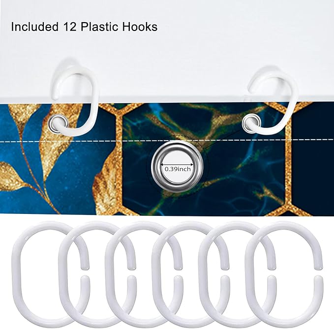 4 Pcs Bathroom Shower Curtain Set, Includes Bath Mat,U Shape Mat and Toilet Lid Cover, 12 Hooks, Black & Blue Honeycomb Marble with Gold Leaves Design, 70.8x70.8 Inches, Waterproof Fabric.