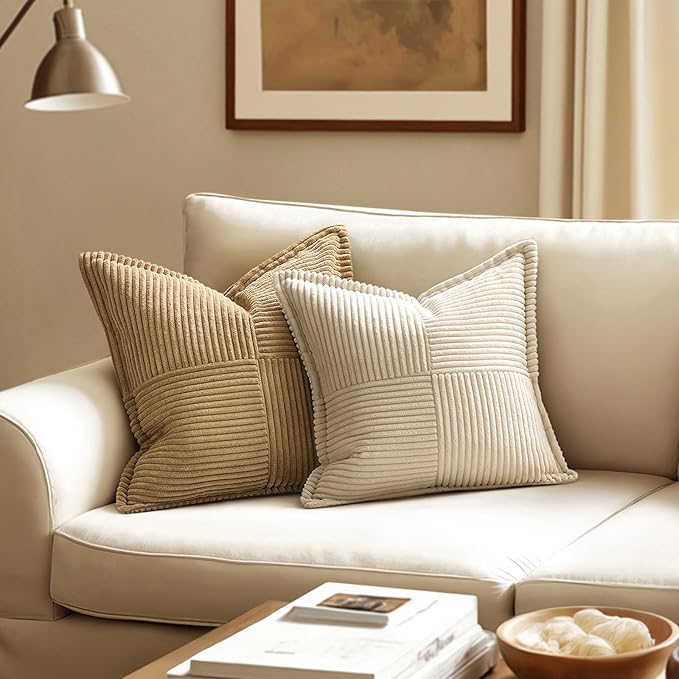 MIULEE Beige Pillow Covers 12x12 inch with Splicing Set of 2 Super Soft Boho Striped Christmas Pillow Covers Broadside Decorative Textured Throw Pillows for Couch Cushion Livingroom