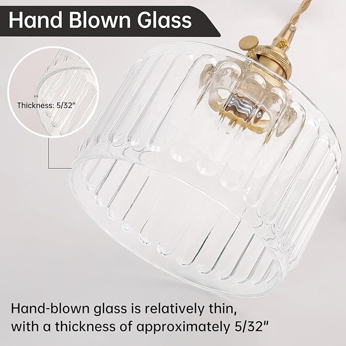 Pendant Light with Clear Striped Glass Lmapshade, Brass Vintage Pendant Light Adjustable Hanging Light for Kitchen Island Dining Room Hallway