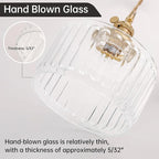 Pendant Light with Clear Striped Glass Lmapshade, Brass Vintage Pendant Light Adjustable Hanging Light for Kitchen Island Dining Room Hallway