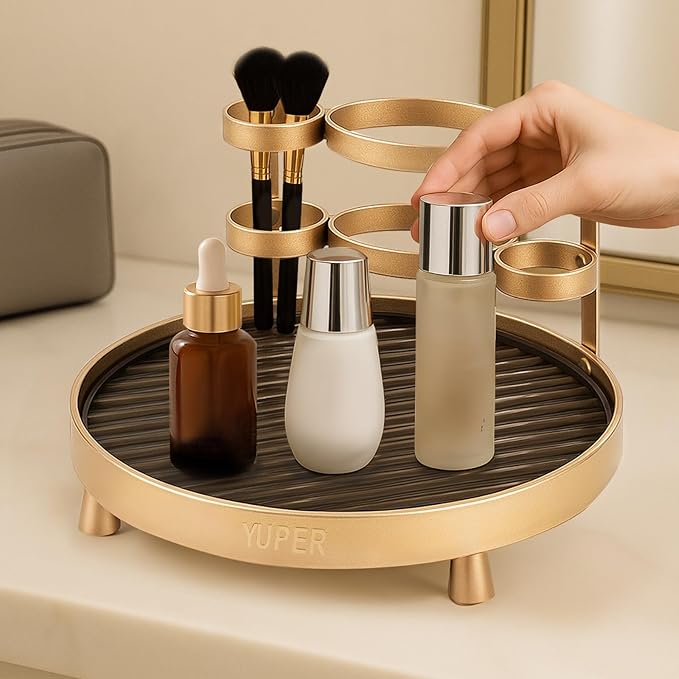 YUPER Vanity Tray Makeup Organizer Cosmetics Storage, Bathroom Skincare Organizer Countertop With Makeup Brush Holder, Round Display Rack in Dresser, Decor for Candle, Perfume, Plant