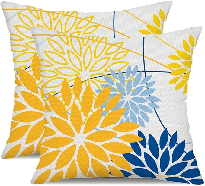 Yellow Blue Outdoor Pillow Cover 18X18 Inch Set of 2 Outdoor Waterproof Summer Floral Yellow Decorative Pillow case Decor for Couch Patio Funiture Garden Print Polyester Cushion Cover 01J18