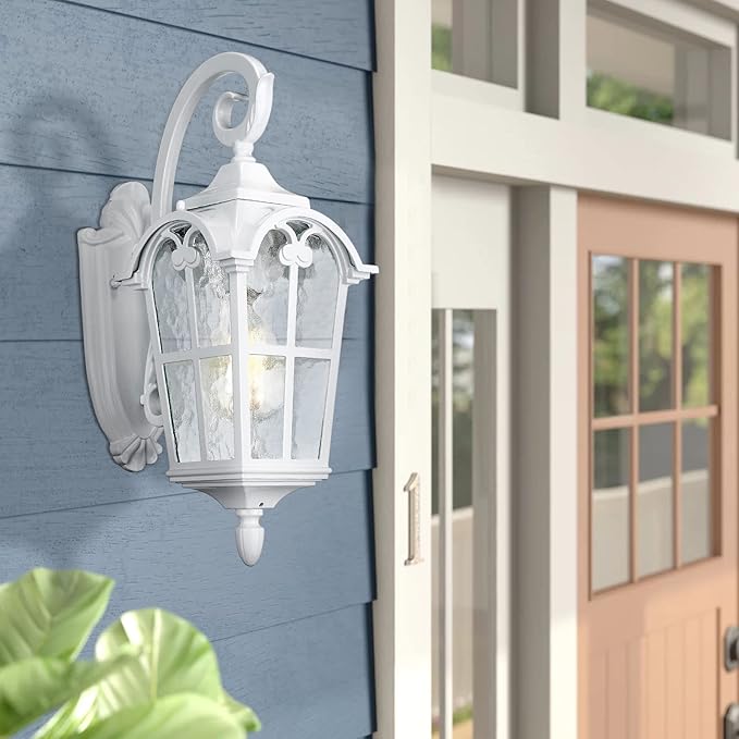 Emliviar Outdoor Wall Lights, 1-Light Modern Outside Lights for House, 17.5 Inch Height with Water Glass, White Finish, WE215B WH