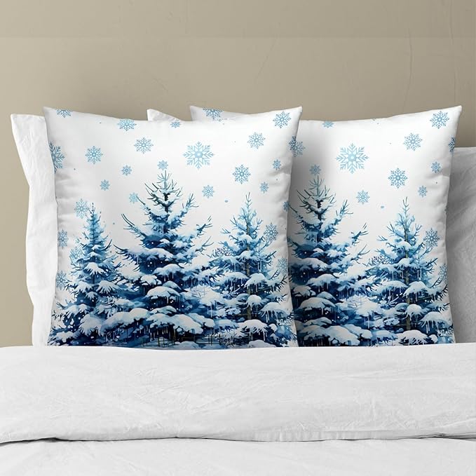 Winter Wonderland Pillow Covers 22x22 Inch Snowy Pine Tree Forest Throw Pillow Cover Set of 2 Blue Snowflake Decorative Pillows Cushion Case for Sofa Couch Bed Xmas Holiday Decor