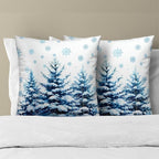 Snow Forest Pillow Covers Set of 2, Blue Snowflake Pine Trees Square Decorative Cushion Cover Soft Cotton Pillows Case White 18x18 Inch for Couch Bed Sofa