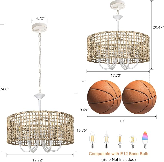 LynPon 17.7" White Boho Rattan Chandelier for Dining Room, 6-Light Boho Rattan Light Fixture with Hand Woven Wicker Shade, Coastal Vintage Chandelier for Living Room Kitchen Bedroom Entryway Hallway