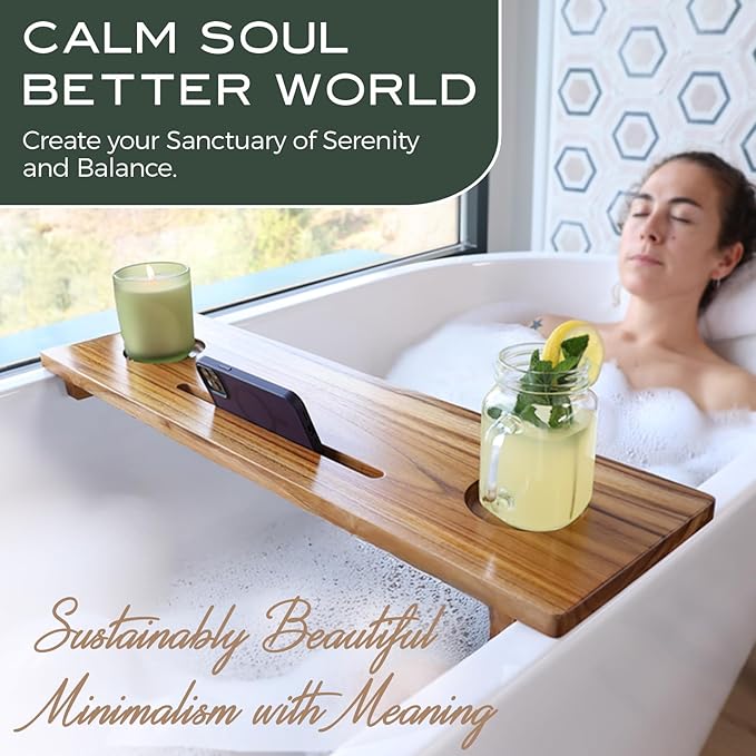 Superior Bathtub Table Tray for Small Tubs - Adjustable Bath Tub Tray Wood - Sustainable Minimalist Teak Bathtub Shelf Across Tub - Anti-Slip Bathroom Accessories Holders for Tub 29" in.