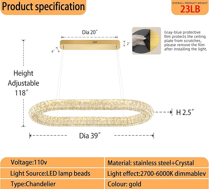 Oval Crystal Chandelier, 40'' Gold Crystal Ring Pendant Light for Kitchen Island Modern Linear Oval Chandeliers for Dining Room Dimmable 3000K-6000K