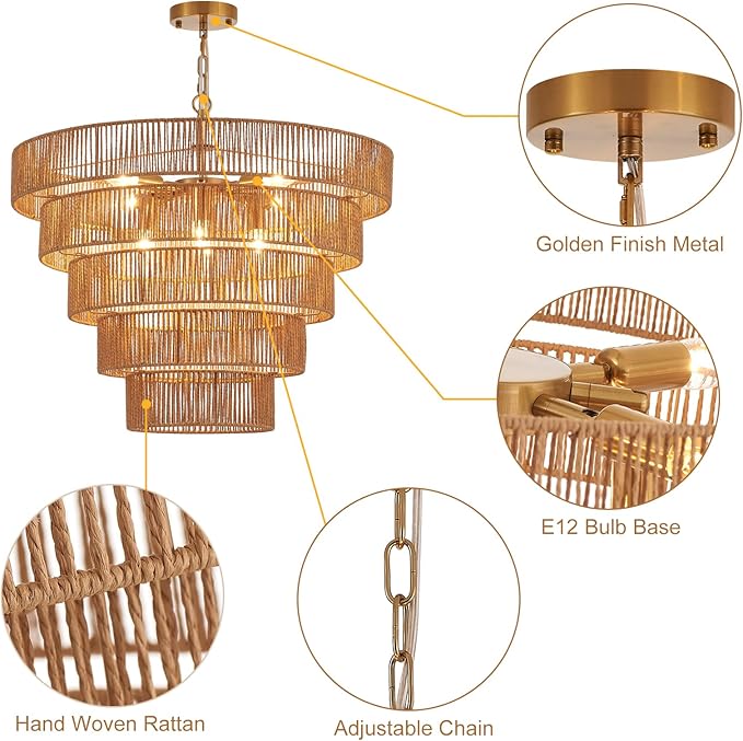 25.6" Large Rattan Chandelier Vintage Farmhouse 8-Lights Boho Hand-Woven Bamboo Chandeliers Light Fixture Drum Wicker Rattan Golden Chandelier for Dining Room, Kitchen, Living Room, Bedroom